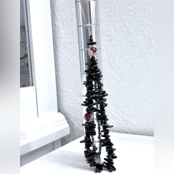 Cell wristlet, lanyard, keychain, bag/purse charm, glossy black, blood red beads - Picture 3 of 4